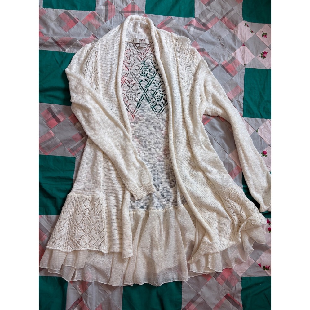 Vintage America Blues Cream Knitted Open Front Cardigan Ruffle Hem Small
